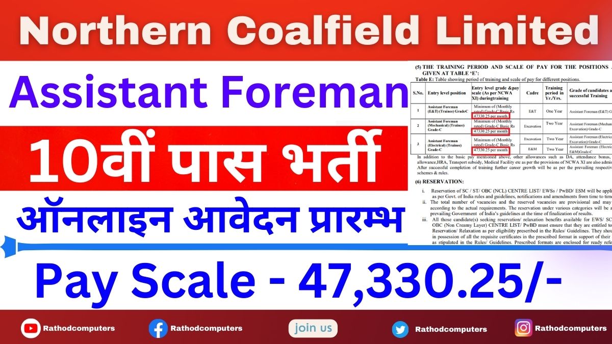 Northern Coalfield Limited NCLCIL Assistant Foreman Recruitment